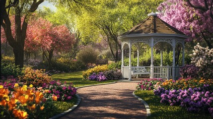 Fototapeta premium Romantic Spring View in a Park with Gazebo