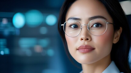 Fototapeta premium Focused professional woman wearing glasses analyzing complex algorithms and data visualizations on computer screen