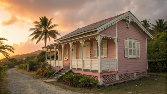 Traditional Caribbean chattel house painted in vibrant pink hues