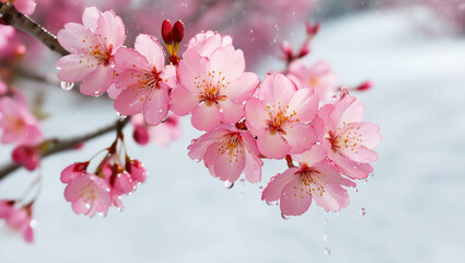 Obraz premium Bright pink cherry tree flowers on white isolated background close up