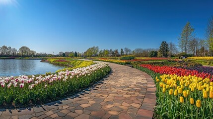Scenic Meandering Stone Path Through Colorful Garden