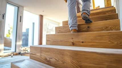 A carpenter carefully constructing a wooden staircase in a modern home with precision tools. --ar 16:9 --v 6.1 Job ID: 0e7dddaf-1dfb-43ba-9674-7ed1efba83b3