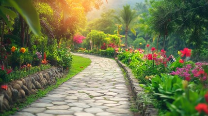 Scenic Winding Pathway Through Flowering Garden