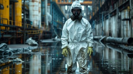 Fototapeta premium Professional in protective gear handling flood damage cleanup in industrial setting