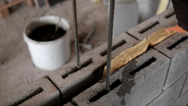Construction worker installs a strip of rockwool insulation between concrete blocks on a construction site