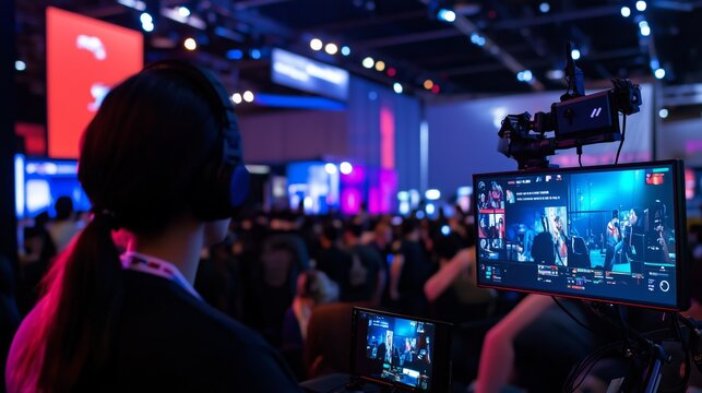 A cameraman films a live event in a large, brightly lit venue - Powered by Adobe