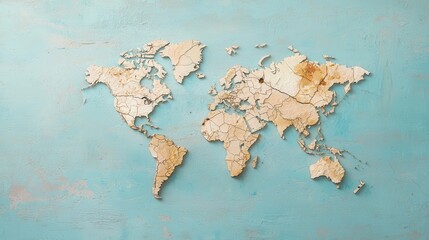 Detailed World Map Illustration with Cracks Depicting Geographical Boundaries and Textures on an Aquamarine Background for Artistic and Educational Uses