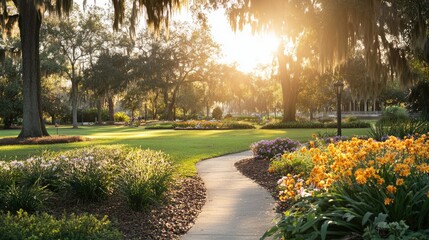 Obraz premium Serene Sunrise in a City Park Garden