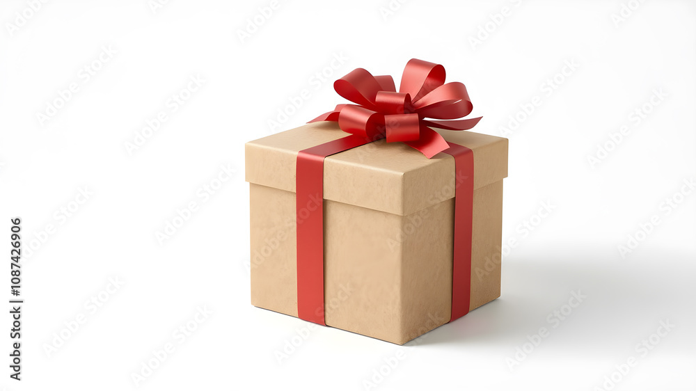 Wall mural wrapped brown present box with red ribbon bow, isolated on white.