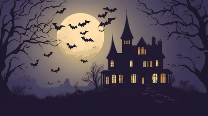 Fototapeta premium Bats swarming around a decrepit old manor house on a moonlit all hallows eve with twisted bare tree branches reaching towards the structure. Dark Gothic Manor. Illustration