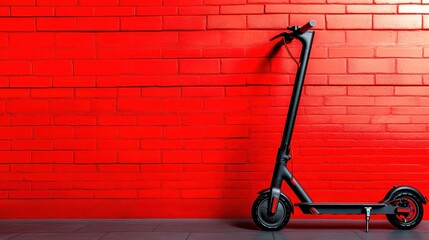 Modern electric scooter parked against a vibrant red brick wall, showcasing urban mobility and contemporary transportation in a dynamic city environment