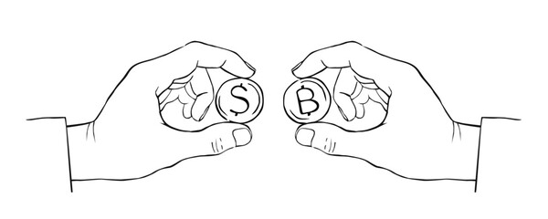 hands holing dollar and bitcoin coins line drawing money finance cryptocurrency vector illustration