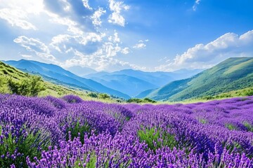 Naklejka premium Vibrant Lavender Fields with Majestic Mountains Under a Clear Sky