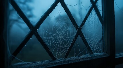 Spooky cobwebs framing misty window scene for halloween ambiance and seasonal decor