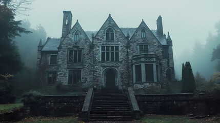 A large, abandoned, stone manor with a gothic architecture style sits alone in a misty forest. Dark Gothic Manor. Illustration