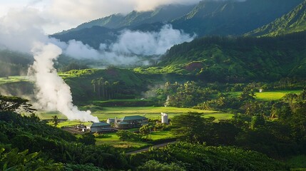 Fototapeta premium Serene Geothermal Power Plant Nestled in Lush Green Mountain Valley Landscape with Steam Gently Rising into the Misty Air Renewable and Sustainable Energy Source in Pristine Natural Environment