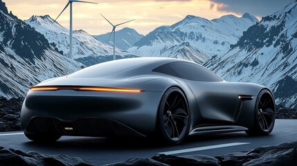 Naklejka premium Modern Electric Vehicle in Scenic Mountain Landscape