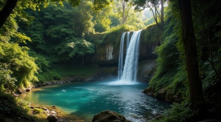 Serene waterfall in lush green forest