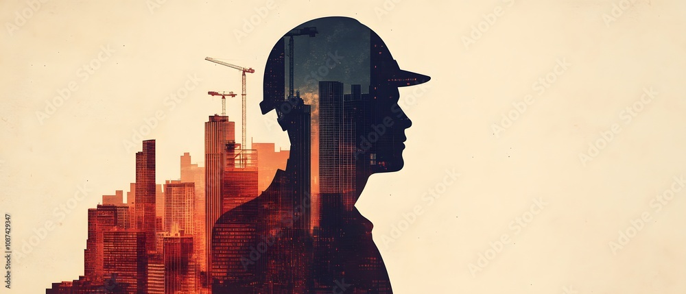 Poster Silhouette of a Construction Worker with City Skyline in Background Representing Urban Development and Architectural Progress in Modern Society