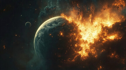 Obraz premium A planet engulfed in flames with celestial bodies nearby in a dramatic cosmic explosion during the night. Generative AI