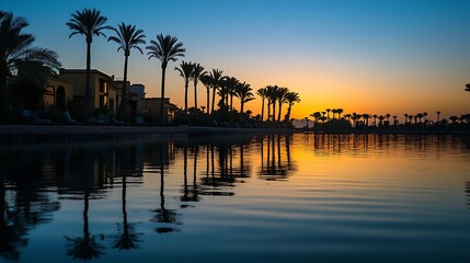 Peaceful evening with palms and golden reflections