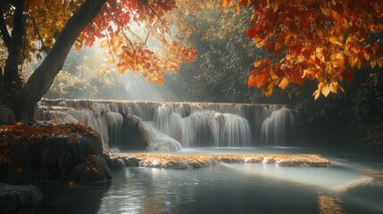 Fototapeta premium Autumn Tranquility at Huai Mae Khamin Waterfall