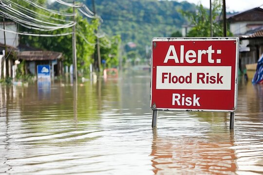 Flood risk alert in residential area during heavy rainfall in the afternoon