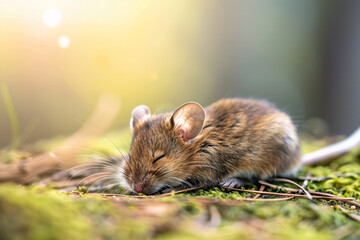 Cute small brown mouse sleeping on forest ground