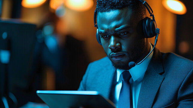 Corporate staff member in a suit, using a tablet and microphone for an online business meeting, listening attentively through a headset - Powered by Adobe