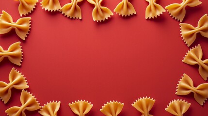 Uncooked bow tie pasta frame on crimson background for creative culinary design