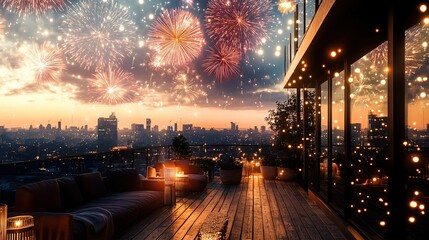 City skyline with fireworks from cozy balcony view