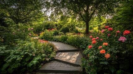 Winding Stone Path Through a Peaceful Garden Scene