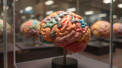 Multicolored brain model on a stand inside a glass case.