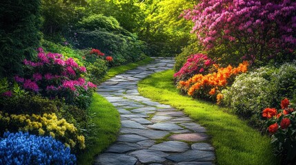 Obraz premium Peaceful Stone Pathway Through Colorful Garden