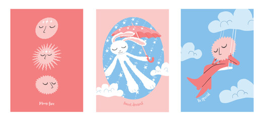 Baby card. Sweet dream. Sleeping rabbit. Sleepy moon. Sun on swing. Cute boy poster drawing with slogan. Sky clouds. Little bunny flying with umbrella. Vector nursery design banners set