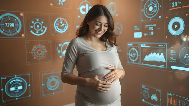 pregnant woman standing with futuristic digital interfaces that display various technological diagrams and data.