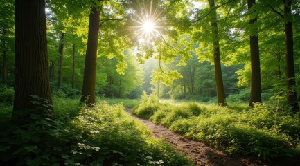 Sunlight filters through a lush forest