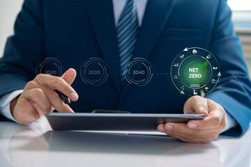 Strategic Planning for a Greener Future, Digital Timeline Display of Net Zero 2050 Goal, Showcasing Corporate Climate Action, Green Technology, and Environmental Responsibility