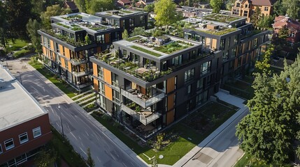 Fototapeta premium Sustainable Apartment Complex with Integrated Geothermal Energy and Lush Community Gardens Promoting Eco Friendly Urban Living