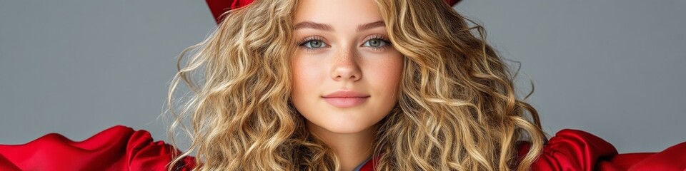 Obraz premium Young woman in a red graduation gown smiles broadly with curly hair and a confident expression against a neutral background