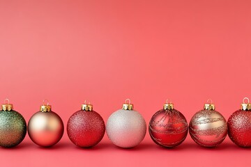 Row of Christmas balls on red with copy space