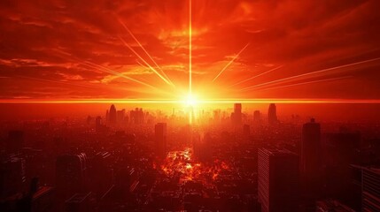 Fototapeta premium Alien Invasion: Dramatic Sunset over Siege City with Cinematic Light