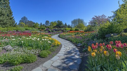 Scenic Winding Path Through Vibrant Flower Garden
