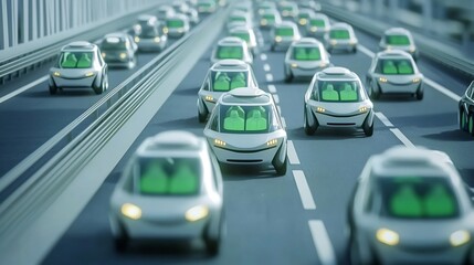Synchronized network of autonomous emission free electric vehicles moving in harmony on a futuristic high tech city highway showcasing the future of sustainable and efficient urban transportation