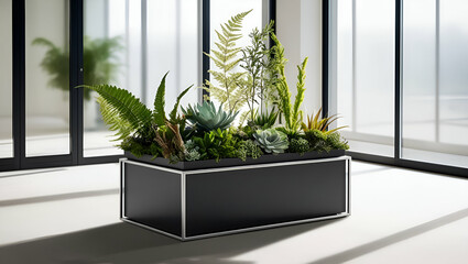 Title: Phoenix - A sleek black rectangular planter with a thin design.

