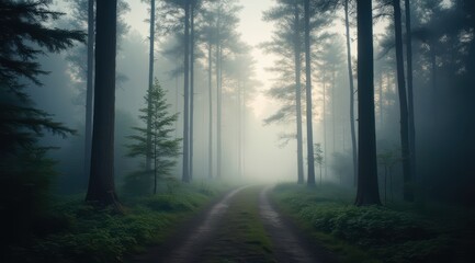 Misty forest path in serene atmosphere