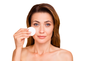 Close up photo beautiful mature she her lady morning shower bathroom take make-up down check test watch skin condition use new cotton pad nude wear no clothes isolated pastel beige background