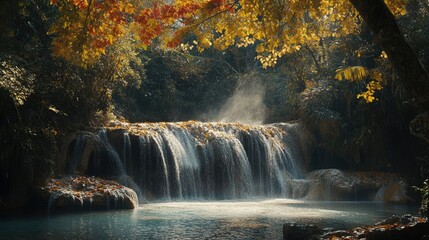 Serene Huai Mae Khamin Waterfall in Fall Scenery