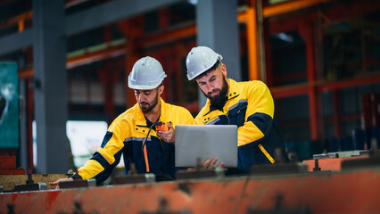 Engineers or supervisors inspecting and checking machines in a factory. Workers in the metal sheet industry carrying out their tasks.