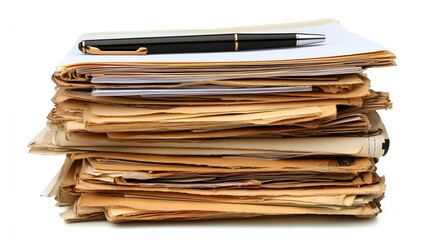 Neatly organized stack of office documents with a pen resting on top, isolated on a clean white background, perfect for productivity themes.